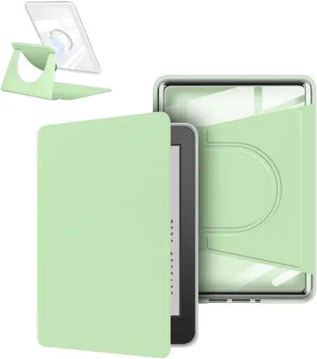 360° Rotating & Detachable Magnetic Case for 7" Kindle Paperwhite 12th Generation (2024) – Auto Wake/Sleep, Hands-Free Stand, Clear Back Cover (Light green)