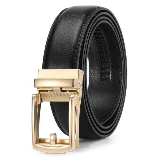 Ratchet Belt for Men Genuine Leather - Micro-Adjust Buckle Trim to Fit Dress Belt Casual to Formal Gift Boxed - Basic Gold - Black - Size 24"-28" Waist Adjustable