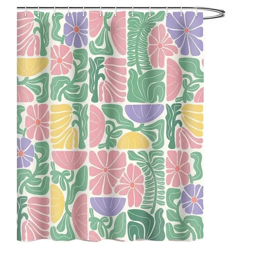 Bohemian Shower Curtain 180x180 cm, Multicolored Abstract Floral Pattern Retro Patchwork Geometric Plants, Includes 12 Hooks