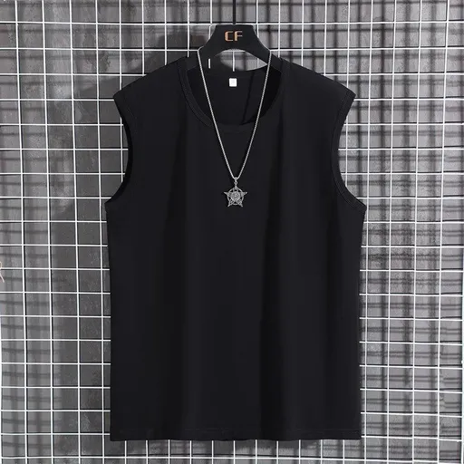 Menma Men Summer Cotton Sleeveless Loose Sports Crewneck Black 9XL