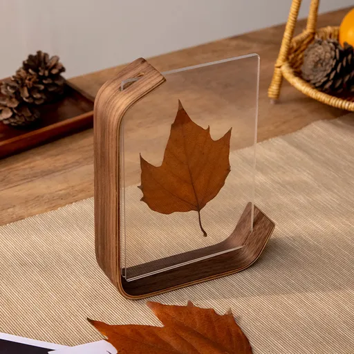 Black Walnut and Clear Acrylic Photo Frame with Maple Leaf Display Base for 10 x 15 cm Pictures, Tabletop Decor, Brown