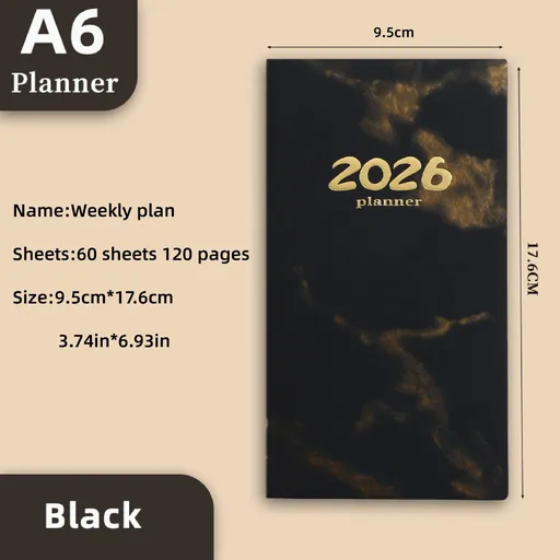 Pocket diary 2026 - A6 diary - Weekly planner - Yearly planner - Organizer - Planner book - 2026 diary for women - School diary - Weekly diary - Compact diary - Diary - Planning tool - Small diary - Marble design - Black - 1 piece