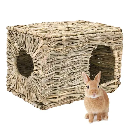 Rabbit Grass House - Natural Hand Woven Seagrass Play Hay Bed, Hideaway Hut Toy for Bunny Hamster Guinea Pig Chinchilla Ferret