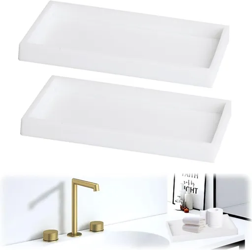 Tray - Two-piece set - Dressing table tray - Bathroom storage tray - Cosmetics storage tray - Bathroom storage box - Suitable for storing candles, soap, towels, perfume, etc. - White - 20x10x1.8 cm