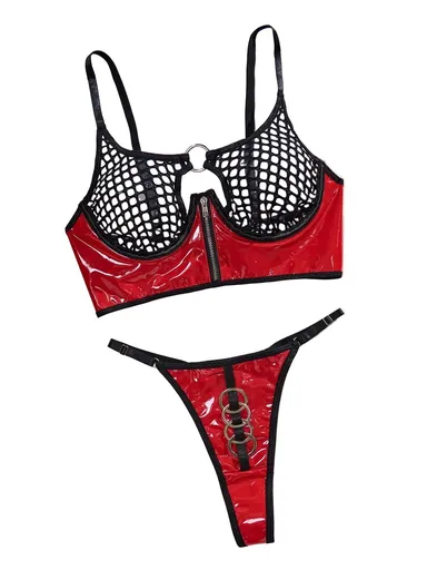 Mesh Sexy Patent Leather Women's Underwear Gathering With Steel Ring For Fun Two Piece Set - Black And Red - L