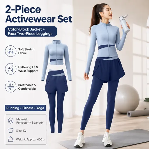 XL size Women's 2-Piece Running Yoga Set - Blue Colorblock Zip Jacket and Blue Faux Two-Layer Leggings, Slim Fit High Stretch Gym Activewear for Fitness and Training