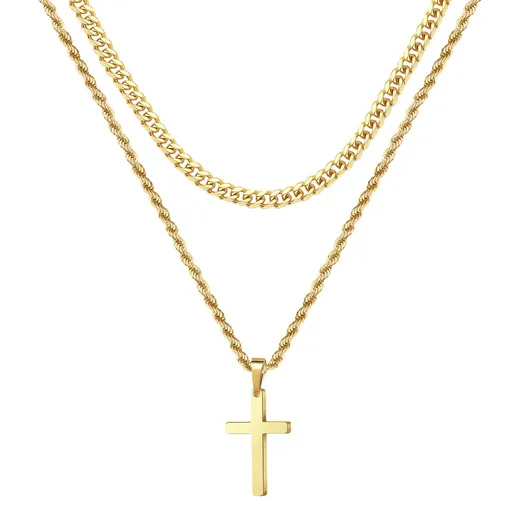 3 pcs Layered Cross Necklace for Men - Stainless Steel Mens Cross Necklaces Cross Chain, Layered Rope Chain Cross Necklace