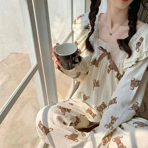 Yellow Bear Size XXL | Roomy Bear Print Long Sleepwear | Halloween Warm Relaxed Gift | Long Set Loose Plus Size Homewear Set