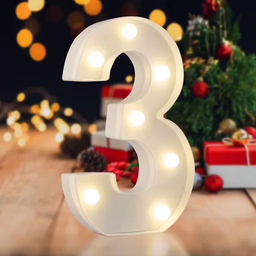 Sign Digit 3, warm white, 26 letters, 10 numbers, heart and & symbol; for birthday, party, Christmas, home, bar, wedding decoration; DIY word combinations; wall & tabletop display; battery operated.