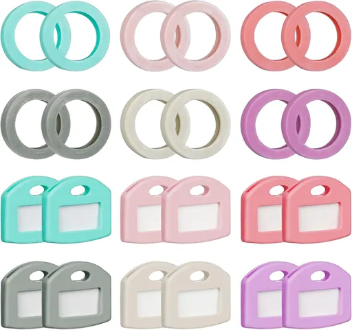 24 Pcs Key Covers Caps and Key Caps Tags Set, Key Identifiers with Labels, Soft Stretchy Key Covers for House Key, Key Head Protectors (Not for Odd-Shaped Keys), 6 Colors