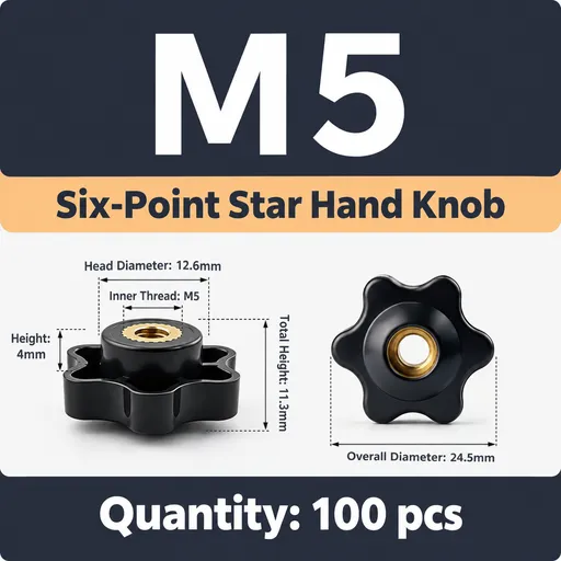 Six-Lobe Star Through-Hole Hand Knob Tightening Fastener with Brass Internal Thread for Furniture Decoration, Food Industry, Marine Parts, Mechanical Operations and General Industrial Production (M5(100PCS))