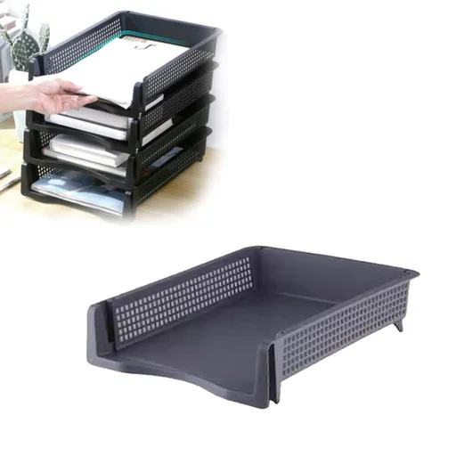Stackable Vertical File Organizer, Desktop Document Organizer & Laminated Plastic Papers Rack Storage Tray for Home, Office, Stackable File Box, Black Color, By Kingtowag
