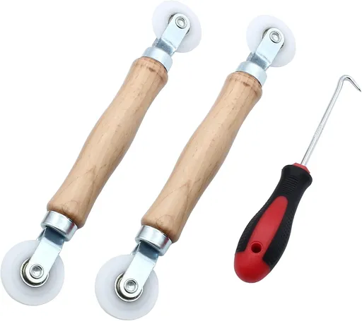 3 Pcs Window Door Screen Repair Kit, Screen Spline Roller Tool with Wooden Handle & Nylon Bearing Wheels and Removal Hook
