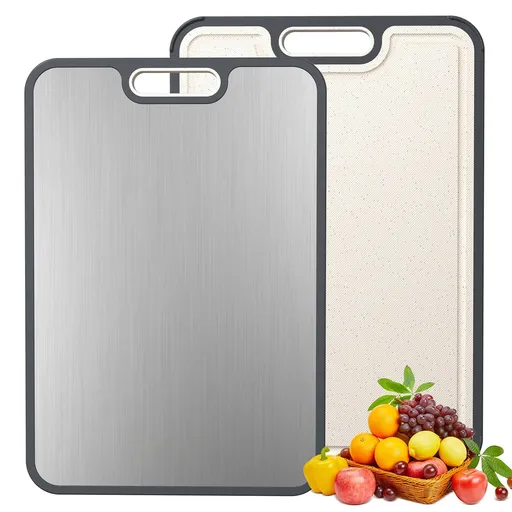 Dual-Sided Kitchen Cutting Boards with Titanium-Look & Textured PP Surfaces, Juice Groove, Grinding Area, Non-Slip Edges, and Integrated Handles—For Separating Raw/Cooked Foods and Efficient Meal Prep