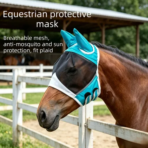 Breathable Horse Face Mask - Mosquito, Insect, and Fly Protection - Equestrian and Race Horse Head Cover - Blue - L
