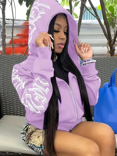 Y2k Hoodie Gothic Streetwear Women'S Zip-Up Jacket Letter Print Hoodie - Light Purple - Size 2XL(AU 2XL/EU54)