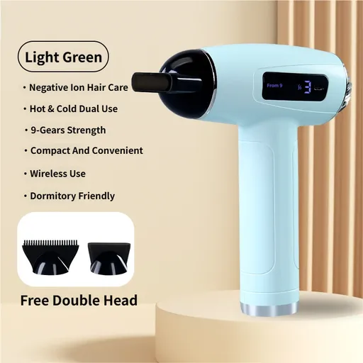 Light Green Cordless Ionic Constant Heated Hair Dryer with LCD Display & 9 Wind Speeds - USB Rechargeable Hair Care Blow Dryer, Concentrator & Diffuser Included