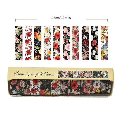 10-Roll Floral Washi Tape Set (Style 3) - 15 mm x 2 m Decorative Flower Pattern Craft Tape for Journaling, Scrapbooking, Planner Decoration and DIY Projects