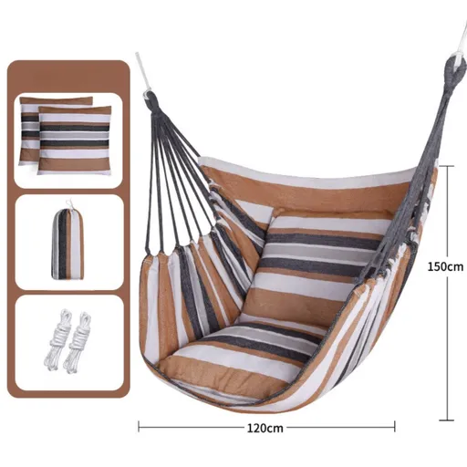 Khaki Stripes Oversized Hanging Swing Chair Canvas Hammock + 2 Pack 45 x 45CM Pillows Set (120 x 150 CM) - Portable Indoor & Outdoor Thickened Leisure Hammock Chair with Binding Ropes and Storage Bag