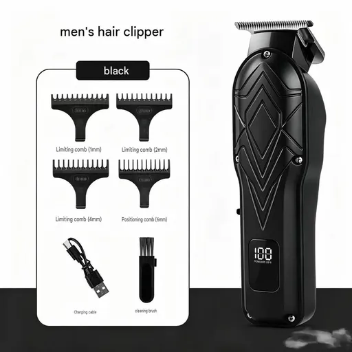 Black Men's Electric Hair Trimmer Kit - Titanium Alloy Blade, USB Rechargeable with LED Display, 4 Guide Combs, Ergonomic Grip for Home Grooming and Beard Styling,Suitable as a Father's Day gift.