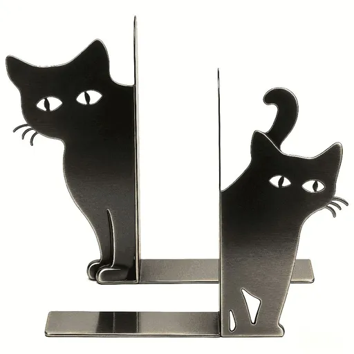 Cat Bookends for Shelves, Metal Decorative Bookends 2-Pack, Non-Skid Heavy Duty Steel Cat Book End Stoppers for Books Shelf, Black Cute Desk Decor