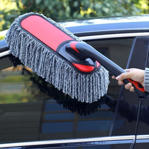 Car Sweeping Brush with Handle - Car Wash Mop for Exterior Detailing - Soft Polyester Car Wax Brush for Body Roof Glass - Rotating Car Cleaning Brush for Snow Dust Dirt - Vehicle Washing Tool 1 Pack