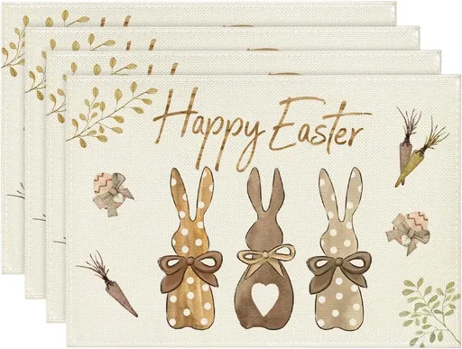 Carrots Rabbit Bunny Happy Easter Placemats for Dining Table, 12 x 18 Inch Spring Seasonal Holiday Decoration Rustic Vintage Washable Table Mats Set of 4