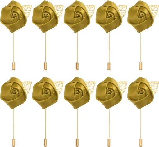 Rose Boutonnieres, 10 Pack Groom Wedding Boutonnieres Pocket Handmade Flower Lapel Pin for Men Ceremony Party Prom, Gold -