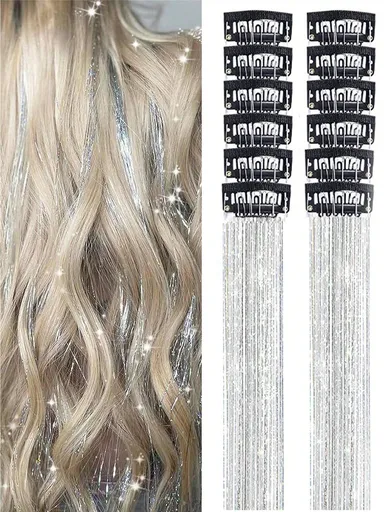 12Pcs Hair Tinsel Clip In 20Inch Fashion Glitter Tinsel Synthetic Straight Hair Extensions Clip In Hair Tinsel Kit Heat Resistant Shiny Sparkle Fairy Hair Accessories For Women Silver