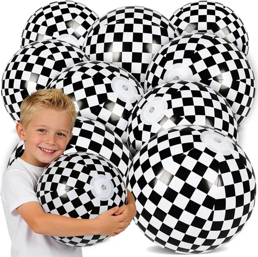 12 Pack 12 Inch Black and White Beach Balls, Checkered Flag Themed Inflatable Beach Ball Bulk Race Car Party Favors, Birthday Party Supplies for Summer Pool Party Decoration