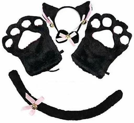 House Of Dasein Kitten Cosplay Costume Cat Tail Ears Collar Paws Gloves Anime Lolita Gothic Set - Black