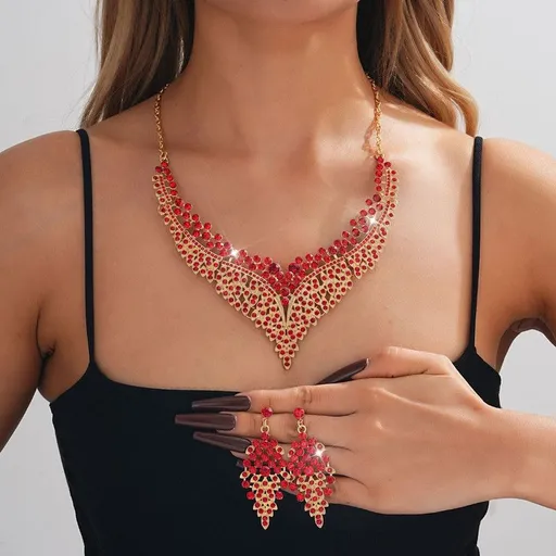 Affordable Luxury, Statement-Making Full-Diamond Necklace and Earring Set, Accessories for Banquets, Parties, and Weddings – Red