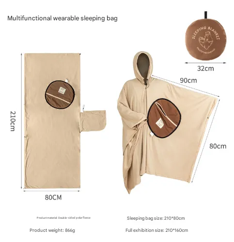 Khaki Cozy 4-in-1 Wearable Fleece Poncho Sleeping Bag - Multifunctional Camping Blanket with Detachable Hood