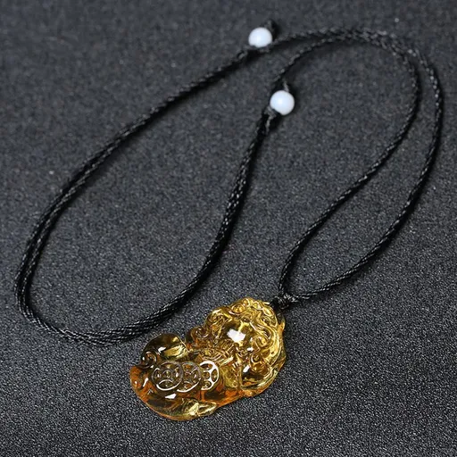 Glass Citrine Pixiu Pendant Necklace Citrine three-money brave pendant (black rope)