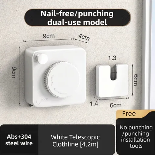 White 4.2M Heavy Duty Invisible Retractable Clothesline - Rustproof & Drill-Free Laundry Hanger with 20kg Load Capacity