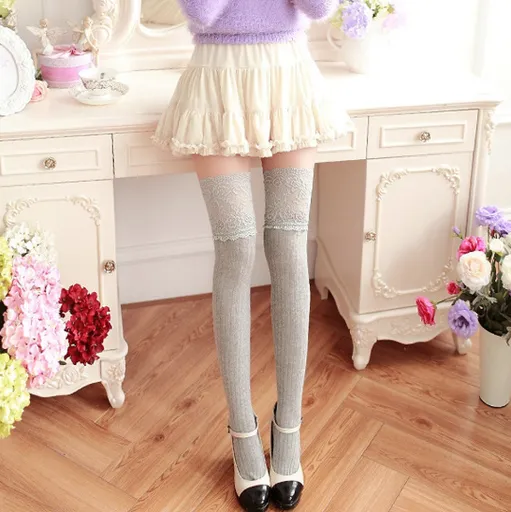 House Of Dasein Lace Over Knee Stockings Thigh Highs For Skirts Dresses Fashion - Grey