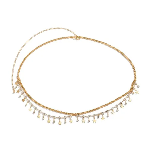 Sexy Wavy Tassel Belly Chain with Rhinestone 27-37 Inch for Women Girls 18K Gold Plated Waist Chain Adjustable Summer Beach
