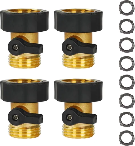 Garden Hose Shut Off Valve, 4 Pack 3/4 Inch Heavy Duty Solid Brass Garden Hose Connector, Water Shut Off Valve with 8 Extra Rubber Washers