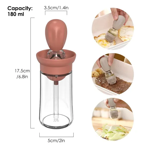 6.09oz Glass Oil Bottle with Brush for Cooking, Ideal for Frying, Baking, And Grilling - Convenient Non-Drip Feature, Easy to Clean Red two-piece set [oil brush + bottle]