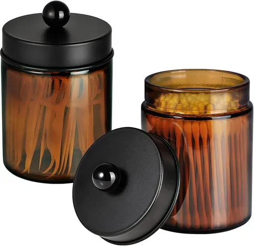 Amber Glass Qtip Holder, Apothecary Jars with Matte Black Metal Lid & Stickers-Bathroom Qtip Dispenser Storage Organizer Set,Vanity Counter Canister for Cott Swabs,Round Pads,Floss (2 Pack)