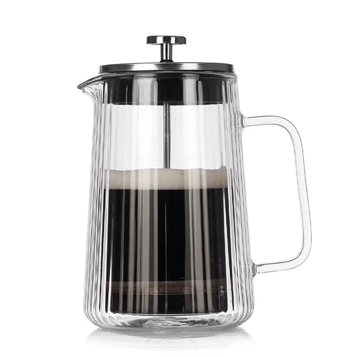 1000ML Double Wall Glass French Press Coffee Maker - Borosilicate Glass Coffee Plunger with 304 Stainless Steel Filter, Heat Resistant Vertical Ribbed Design for Home Brewing