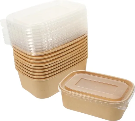 10 Sets Packed Lunch Box,Reusable Oil-Proof Storage Box,Rectangle Paper Sandwich Box,Kraft Food Container with Lid,Disposable Salad Bowl