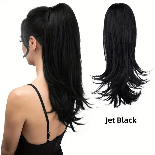 Clip-on Ponytail Hairpiece — Dual-use design, rotate 180° to switch between styles. Made of synthetic fiber, it's easy and quick to wear. Special craftsmanship ensures a natural, realistic look once put on.(jet black)