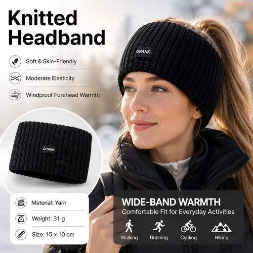Black Women's Knitted Headkerchief- Soft Yarn Wide Ear Warmer Head Wrap, Stretchy Non-Slip Forehead Protector for Sports, Yoga, Postpartum Care and Winter Outdoor Activities
