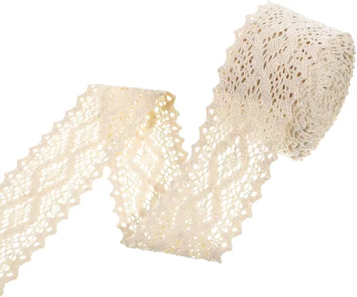 Beige Cotton Lace Trim, 5 Yards Vintage Crochet Lace Trim Ribbon Fabric Applique for Sewing, Wedding Decoration, Gift Wrapping, Christmas Package, Scrapbooking DIY Crafts (2.2" Wide)
