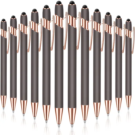 12 Pieces Ballpoint Pen with Stylus Tip, 1.0 mm Black Ink Metal Pen Stylus Pen for Touch Screens, 2 in 1 Stylus (Gray)