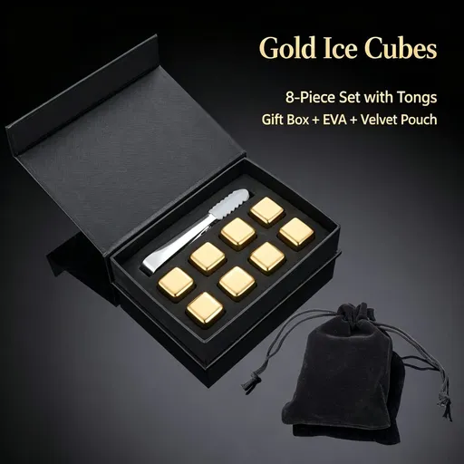 Premium Whiskey Ice Stone Gift Box | Holiday Housewarming Present | Gold Square 8‑Pack With Silicone Tongs,EVA Tray,Gift Box & Velvet Pouch