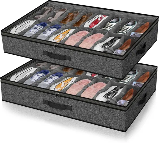 Under Bed Shoe Storage Organizer for Closet, Fits 32 Pairs Underbed Shoes Box Storage Containers Under the Bed Storage Foldable with Sturdy Handles&Clear Window for College Dorms Grey, Set of 2