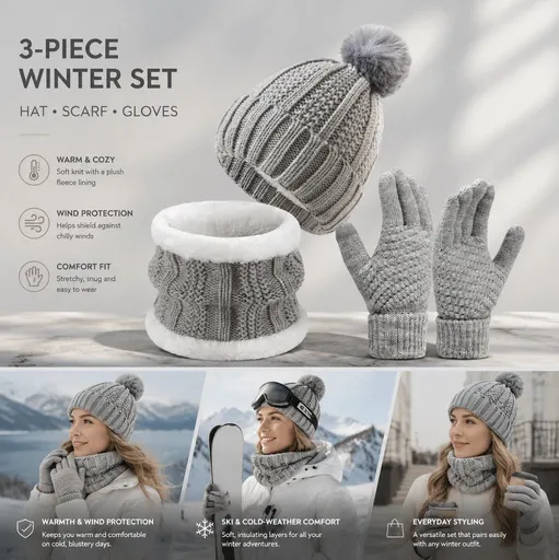 Practical Snow Gear Gift Thick Fleece Knit Hat 3 Pack Light Grey, Ideal For Skiing & Outdoor Cold Days