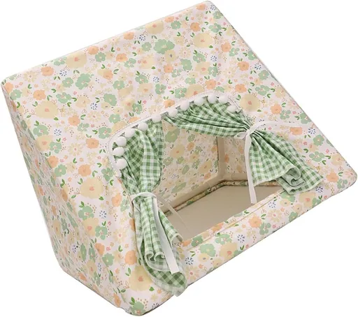 Guinea Pig Hideout Large with Curtain, Bunny Hideout, Machine Washable Guinea Pig Hide Tent Houses & Habitats, Small Animal Hideout for Pet Rabbit, Ferret,Squirrel (Flower, L)